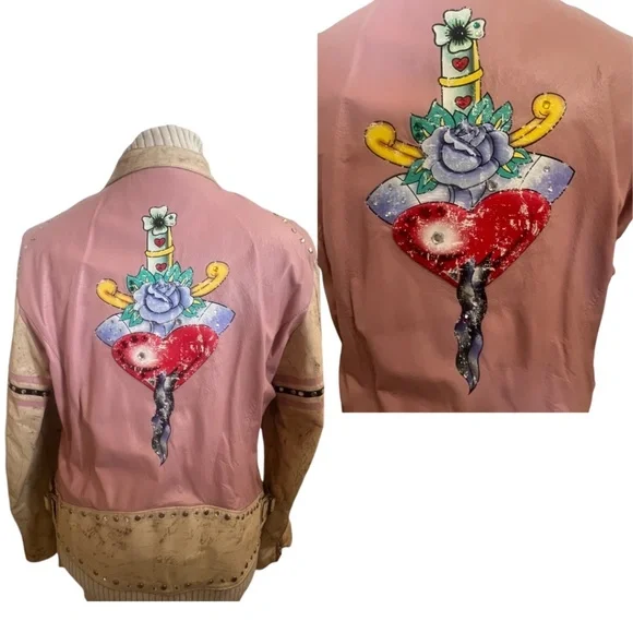 Wilsons Leather Moto Jacket Vintage Rare Biker Woman Distressed XL Pink Tattoo